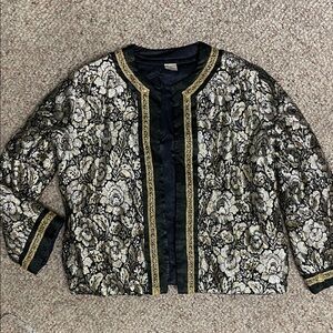 Vintage 60s metallic floral brocade satin open blazer/coat with gold braid trim